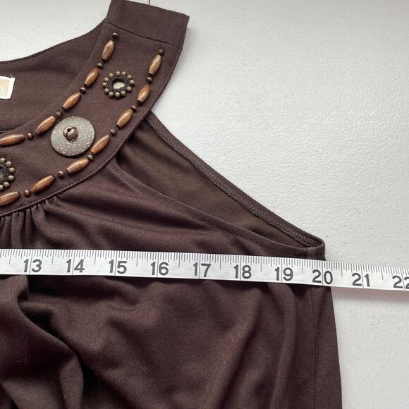 MICHAEL by MICHAEL KORS Brown Beaded Tank Top Shirred Scoop Neck Band Hem M - Picture 12 of 13